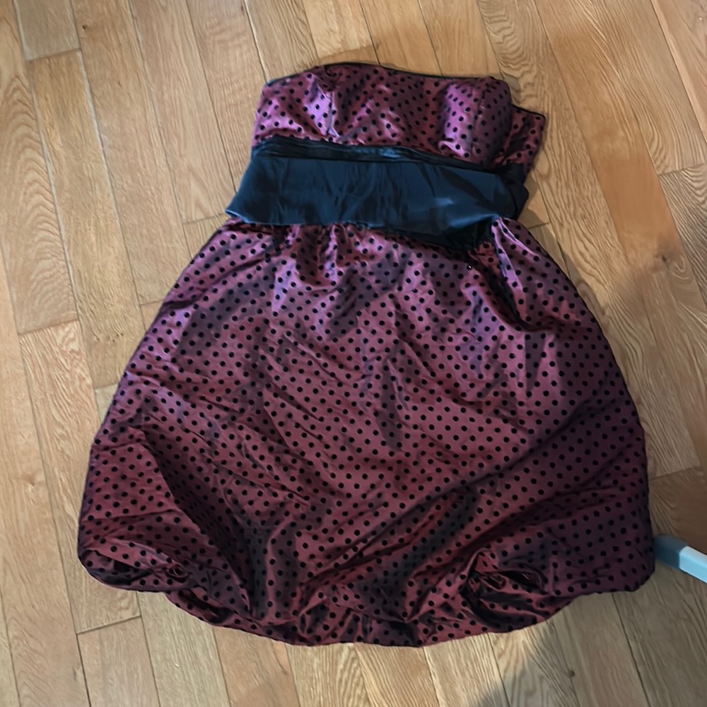 AGB strapless dress 14 burgundy colour with polka dots and black sash